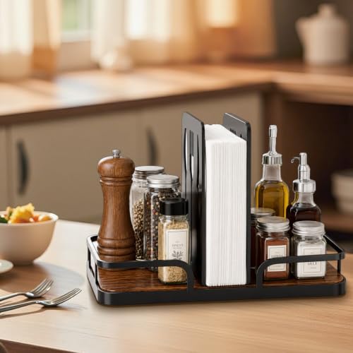 Napkin Holder for Table with Salt and Pepper Shakers Caddy, Farmhouse Kitchen Counter Organizer with Bamboo Base, Dining Table Napkin Holder for Restaurant Home Decor