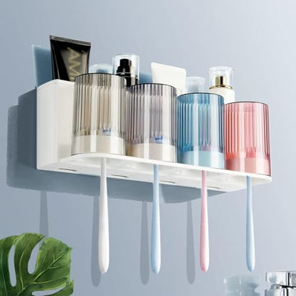So Nice Toothbrush Holders for bathrooms Accessories Wall Mounted,Electric Shower Toothbrush Holder White Plastic toothbrushes Holder Set for Kids with 4 Cups