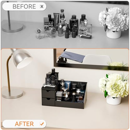 Makeup Organizer with 2 Drawer,Black Cologne Organizer for Men,Cologne Stand and Rack,Skin Care,Perfume Organizer Holder and Fragrance Shelf for Vanity,Bathroom Countertop and Dresser Top,1PCS