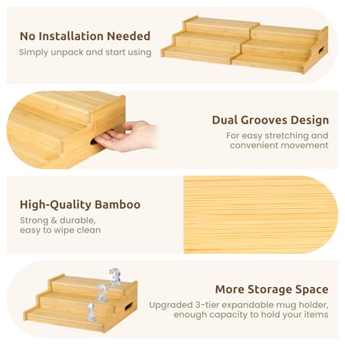 3-Tier Expandable Bamboo Mug Holder for Countertop Coffee Cup Holder Display Mug Organizer Mug Rack for Coffee Bar Organizer Mug Shelf for Cabinet for Kitchen, Home, No Assembly