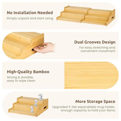 3-Tier Expandable Bamboo Mug Holder for Countertop Coffee Cup Holder Display Mug Organizer Mug Rack for Coffee Bar Organizer Mug Shelf for Cabinet for Kitchen, Home, No Assembly