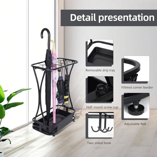 15 Slot Umbrella Stand with 8 Hooks – Heavy Duty Metal Indoor Umbrella Rack Holder with Removable Drip Tray – Large Commercial Entryway Organizer for Office, Lobby or Home