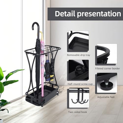 15 Slot Umbrella Stand with 8 Hooks – Heavy Duty Metal Indoor Umbrella Rack Holder with Removable Drip Tray – Large Commercial Entryway Organizer for Office, Lobby or Home