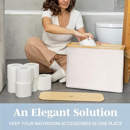 LONBET Toilet Paper Storage for 12 Rolls, Stackable & Foldable - The Ultimate Bathroom Organizer - Waterproof Basket with Bamboo Lid - Elegant Toilet Paper Storage Holder, Beige