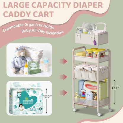 Baby Diaper Caddy Organizer and Storage,2In1 Baby Cart Organizer-Baby Diaper Caddy+3 Tier Rolling Cart for Baby Nursery,Baby Bedside Cart,Easy Assembly,Beige