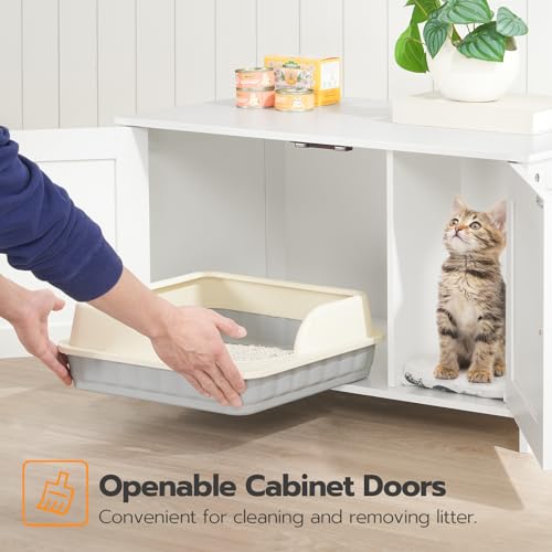 HOOBRO Litter Box Enclosure, Cat Litter Box Furniture with Removable Divider, Large Hidden Litter Box Furniture, Wooden Cat House, End Side Table, 31" L x 17.5" W x 19.7" H, White WT03MW01G2