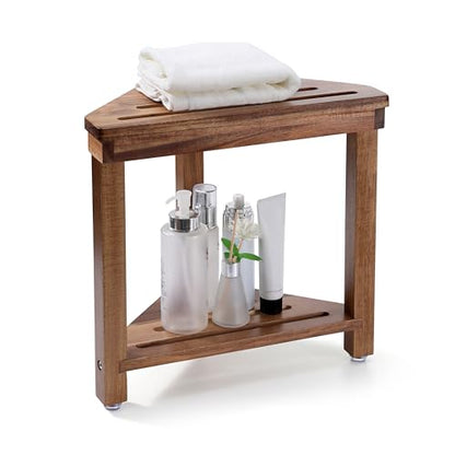 Shower Foot Rest 14in, Acacia Wood Shower Stool for Shaving Legs, Waterproof Corner Shower Stool with Storage Shelf for Inside Small Shower Spaces, Wood Color