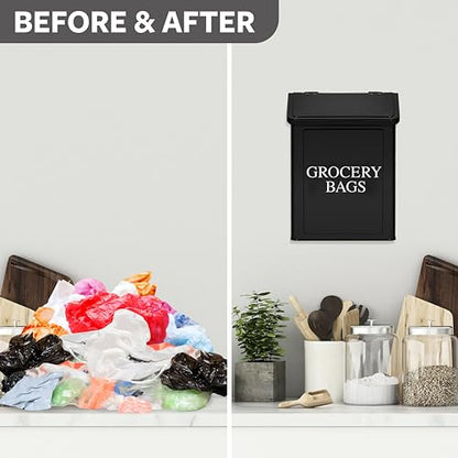 Calindiana Modern Farmhouse Metal Magnetic Grocery Bags Holder for Plastic Bags with LId and Kitchen Organizer and Storage Wall Mount Grocery Bag Dispenser Space Saving, Black