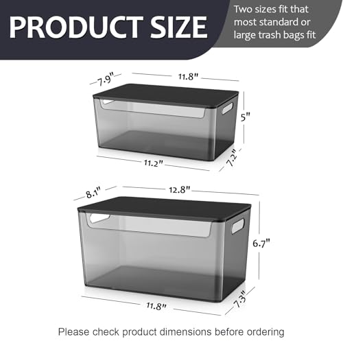 COAZEX 2 Pack Stackable Plastic Trash Bag Holder with Black Lids Under Sink | Black Container, Stackable Design,Side Handles, Safety Locks,Garbage Bag Roll Holder, Kitchen Cabinet, Laundry Organization