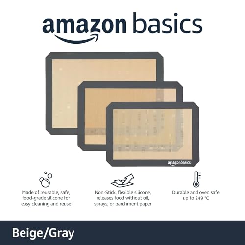 Amazon Basics Rectangular Non-Stick Silicone Baking Mat, Food Safe, Heat Resistant, 9"x13", 9.9"x14.8", and 16.5"x11.6", Beige/Gray, Pack of 3