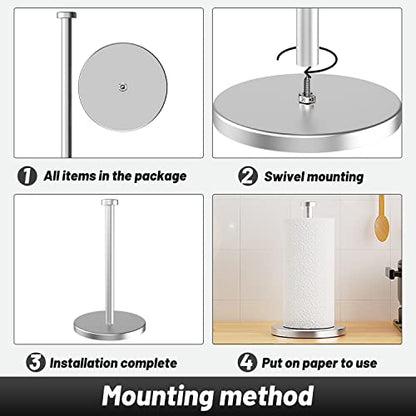 VEHHE Paper Towel Holder Countertop, Stainless Steel Paper Towel Holder Stand with Weighted Base Suction Cups, Standing Paper Towel Roll Holder for Kitchen Bathroom (Silver)
