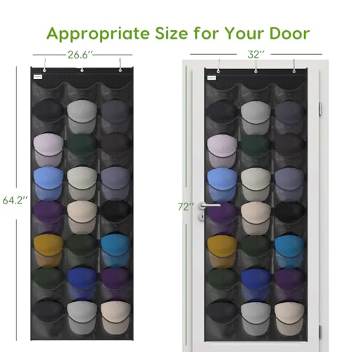 Baseball Hat Rack, 24 Pocket Over-The-Door Hat Organizer with Clear Deep Pockets to Display Baseball Caps Collection, Complete with 3 Over Door Hooks (Black, 24 Pockets)