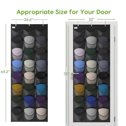 Baseball Hat Rack, 24 Pocket Over-The-Door Hat Organizer with Clear Deep Pockets to Display Baseball Caps Collection, Complete with 3 Over Door Hooks (Black, 24 Pockets)
