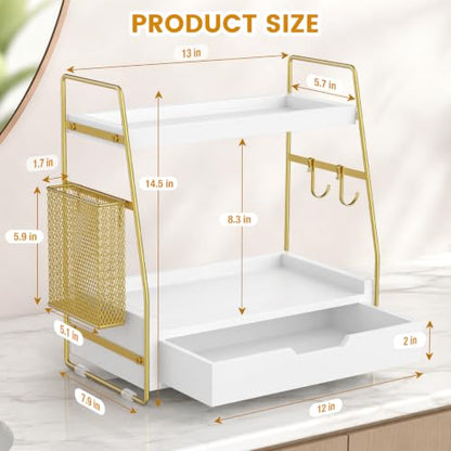 2-Tier Bathroom Counter Organizer with Drawer, Wood Counter Storage Shelf | Bathroom Vanity Organizer Countertop for Makeup, Skincare, Perfume, with Removable Basket, 13.4" x 7.9" x 14.5", White Gold
