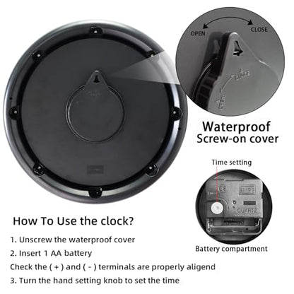 Caysie 12 Inch Sealed Indoor Outdoor Clock Waterproof, Silent Battery Operated Weatherproof Wall Clocks for Pool Patio Outside Home (Black)