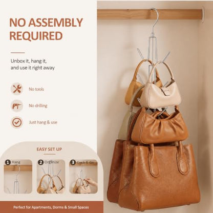 2 Pack Purse Hanger, Purse Organizer for Closet, Holds 12 Bags | Metal Hanging 12 Hooks Handbag Holder for Bag Storage, 360° Rotating Design Keeps Purses Visible and Easy to Access, Silver