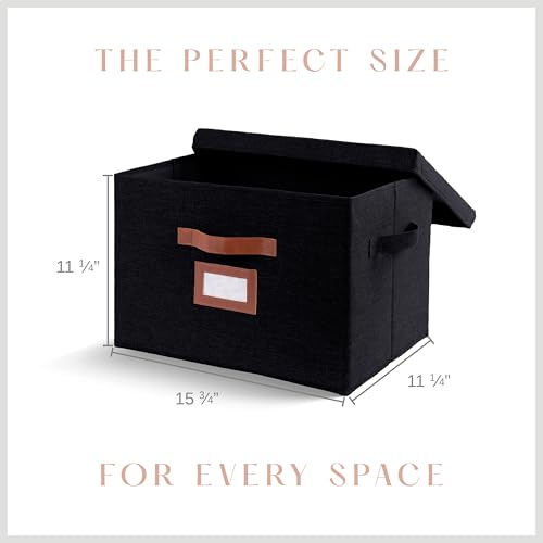 3 Pack Large Fabric Storage Boxes with Lids (15.75" x 11.25" x 11.25") - Decorative Bin with Lid, Label Holder, Faux Leather Handles - Large Storage Boxes for Organizing Clothes, Blankets - Black