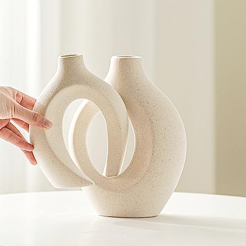 Snuggle Hollow Ceramic Vase Set of 2 Boho Home Table Decor Vase | Modern Nordic Aesthetic Pampas Grass Flower Vases for coffee Centerpiece Living Room Decorative Milky White W6.3" X H8.4"