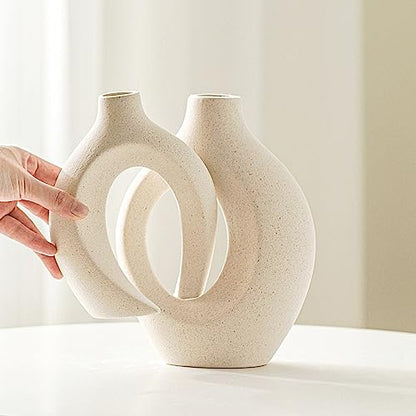 Snuggle Hollow Ceramic Vase Set of 2 Boho Home Table Decor Vase | Modern Nordic Aesthetic Pampas Grass Flower Vases for coffee Centerpiece Living Room Decorative Milky White W6.3" X H8.4"