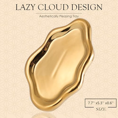 CCINPPY Ceramic Cloud Jewelry Tray Trinket Dish Key Bowl Nightstand Decor | Decorative Small Desk Tray Jewelry Plate Key Holder Bowl Cute Bedroom Room Decor Aesthetic, Gift for Women, Gold Medium