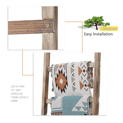 Blanket Ladder, 24in Wide Rustic Solid Wood Decor Rack, Burnt Brown | 6.4 ft high and 6 rungs, farmhouse quilt display holder, organize towel and scarf, leaning wall, bathroom and living room use