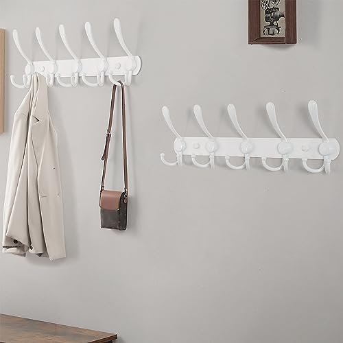 Wall Mounted Coat Rack - 5 Tri Hooks, Heavy Duty, Stainless Steel, Metal Coat Hook Rail for Coat Hat Towel Purse Robes Mudroom Bathroom Entryway (White, 2 Packs)