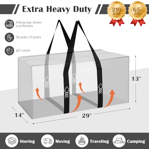 6 Pack Moving Bags Heavy Duty 210GSM with Full-Open Side Zipper, 93L 65lbs Waterproof Foldable Storage Totes for College Dorm Move-In, Moving Boxes Alternative & Home Organization,White