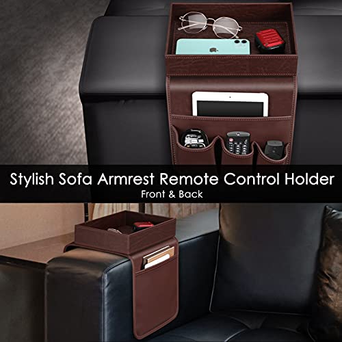 SITHON Sofa Remote Control Holder with Detachable Tray [Non Slip] | PU Leather Chair Couch Armrest Organizer Caddy with 5 Pockets for Magazines Phone iPad Remote Game Controller Eyeglasses