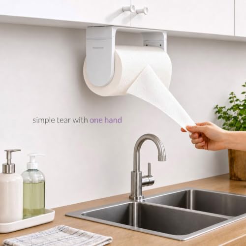 ONE Hand Simple Tear Paper Towel Holder Under Cabinet (White) | tension arms, tear one/more sheets at one time | aluminum alloy+abs | adhesive or drilling for wall/cabinet | for 28cm roll