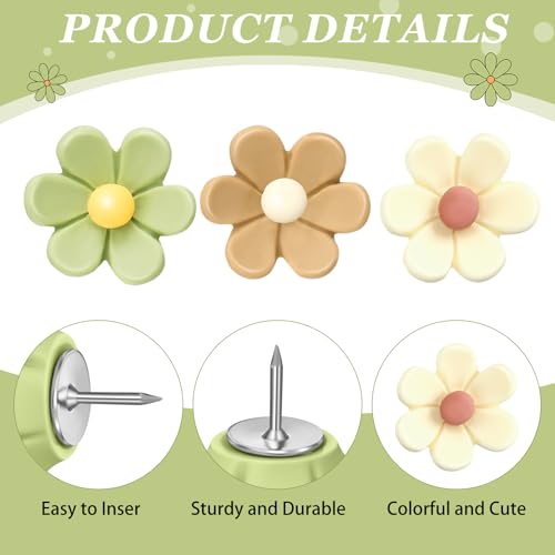 Sawysine 60 Pcs Cute Push Pins Decorative Push Pins Thumb Tacks Colorful Flower Pushpins, Flower Thumb Tack for Cork Board Wall Office Home(Coffee Color, Beige, Green)
