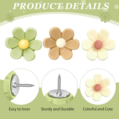 Sawysine 60 Pcs Cute Push Pins Decorative Push Pins Thumb Tacks Colorful Flower Pushpins, Flower Thumb Tack for Cork Board Wall Office Home(Coffee Color, Beige, Green)