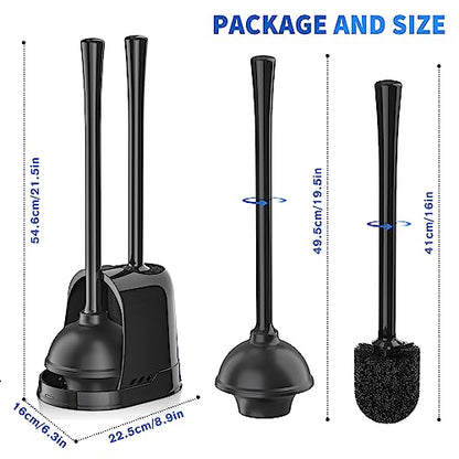Toilet Plunger and Brush, Bowl Brush and Heavy Duty Toilet Plunger Set with Ventilated Holder, 2-in-1 Toilet Brush and Plunger Combo for 5.3-inch Toilet Drain Bathroom Cleaning (Black)
