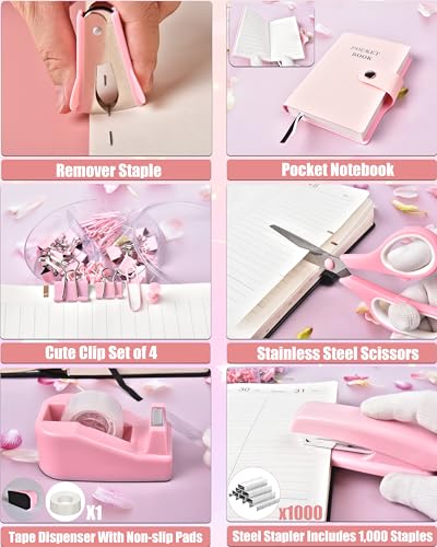 21Pcs Pink Desk Organizers and Accessories With Mesh Desk Organizer and 360°Rotating Pen Holder and a Lot of Office Pink Office Supplies Beautifully Presented in a Gift Box