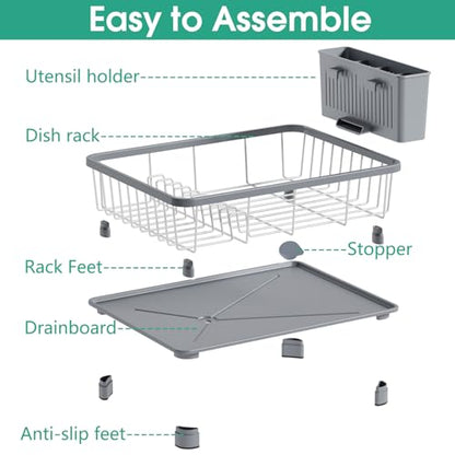 Dish Drying Rack - Space-Saving Dish Rack,Dish Racks for Kitchen Counter with Drainboard, Rustproof Dish Drainer with a Removable 4-Compartment Utensil Holder,Gray