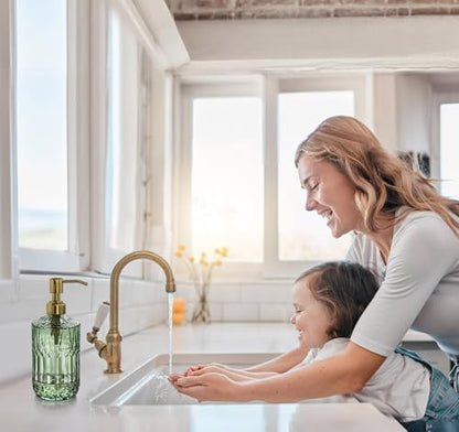 JASAI 2Pack 18Oz Green Glass Soap Dispenser with Gold Rust Proof Pump | Refillable Dish Soap Dispenser for Kitchen, Bathroom Soap Dispenser for Hand soap, Lotion, Body Wash, Liquid Soap