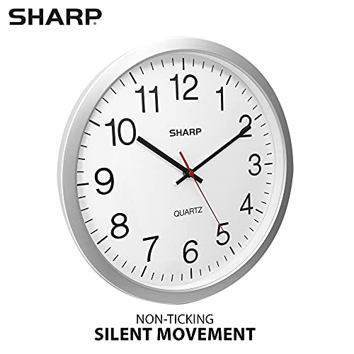 Sharp 14-Inch Battery Wall Clock, Silent Non-Ticking, Easy-Read, Silver | Battery operated; Sweep movement; Large round face; Quartz accuracy; Home, kitchen, office or classroom