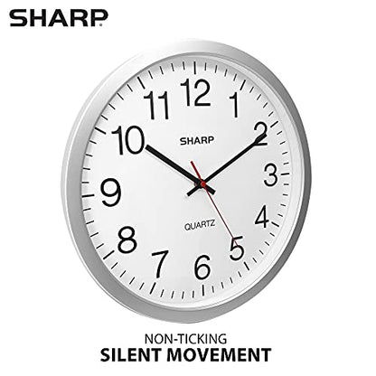 Sharp 14-Inch Battery Wall Clock, Silent Non-Ticking, Easy-Read, Silver | Battery operated; Sweep movement; Large round face; Quartz accuracy; Home, kitchen, office or classroom
