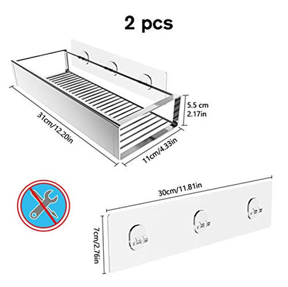 Bathroom Adhesive Shower Caddy Basket Shelf with Hooks, No Drilling Removable Bathroom Shelf Organizer,Stainless Steel Rustproof Shower Rack for Shampoo Storage, Sponge Holder-Silver