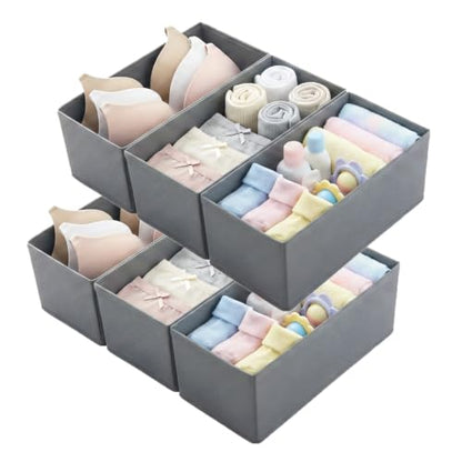 Small Foldable Fabric Drawer Organizer 6 Pack Grey - 11“ Breathable Closet & Dresser Storage Bins for Socks, Underwear, Bras & Baby Clothes