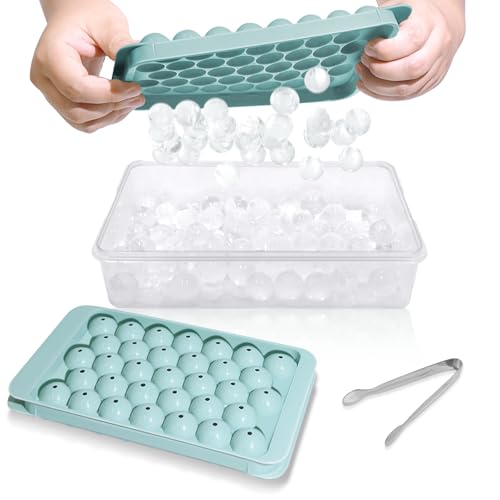 Ice Cube Tray with Lid and Bin, 1" Round Ice Trays for Freezer | 2 Blue Ice Cube Trays with Ice Box & Tong, 1" Round Ice Balls for Iced Coffee & Juice, Easy Twist Release, For Gatherings