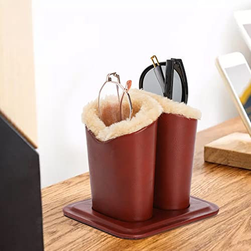 ZOOFOX 2 Pack Double Eyeglasses Holder, Plush Lined Leather Glasses Stand Case for Desk or Nightstand