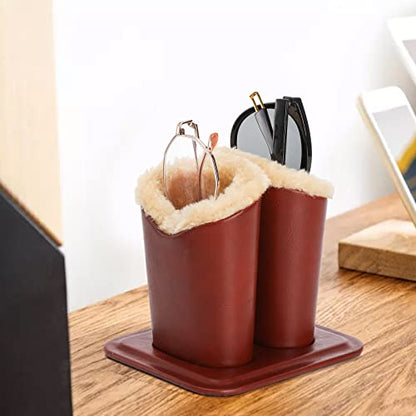 ZOOFOX 2 Pack Double Eyeglasses Holder, Plush Lined Leather Glasses Stand Case for Desk or Nightstand