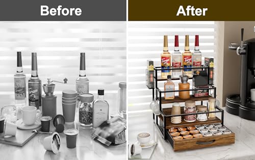 4 Tier Countertop Coffee Syrup Rack Organizer with 36 K Cup Storage | Wooden Sturdy and Space-Saving Coffee Bar Organizer with Drawer Condiment Storage Shelves for Kitchen Home Office Restaurant