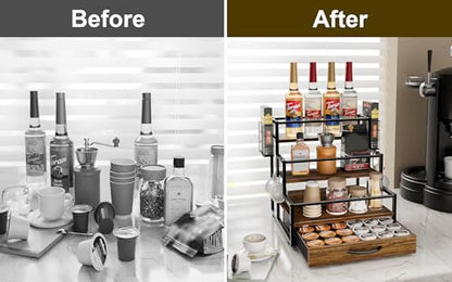 4 Tier Countertop Coffee Syrup Rack Organizer with 36 K Cup Storage | Wooden Sturdy and Space-Saving Coffee Bar Organizer with Drawer Condiment Storage Shelves for Kitchen Home Office Restaurant