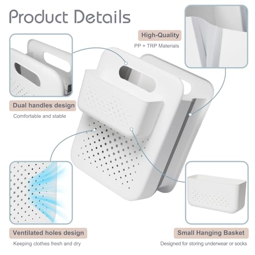 Small Collapsible Laundry Basket, Space-Saving Wall-Mounted Hamper with Detachable Mini-Basket, Portable Hanging Organizer for Clothes, Underwear Socks. (White)