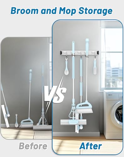 Mop and Broom Holder Wall Mount Garden Tool Rack Organizer | Modern Style, Movable Aluminum Alloy Wall Mounted Hook, Storage Gift for Bathroom, Closet, Laundry Room, Garage, Tool Room