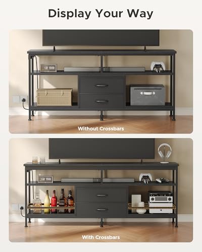 63 Inch TV Stand, Entertainment Center for 55 to 75 Inch TVs with LED Lights & Removable Charging Station, Modern Media Console Table with Open Storage Shelves & Fabric Drawers, Black