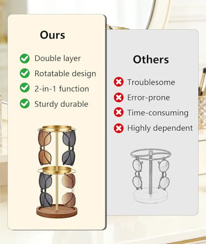 360° Rotating Double-layer Sunglasses Organizer - Stainless Steel Glasses Holder for Multiple Eyeglasses with Tray, Space-Saving Eyewear Storage Stand (Gold)