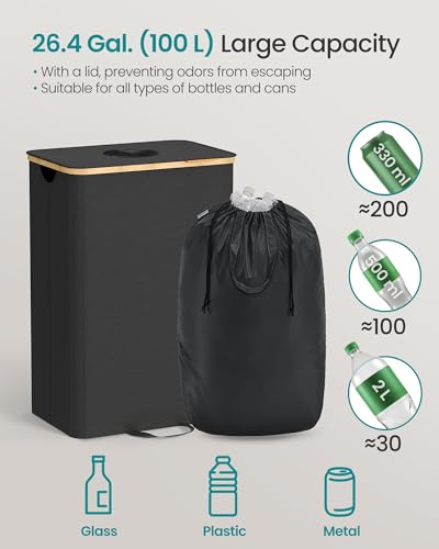 SONGMICS Recycling Bin for Kitchen 26.4 Gallon. Bottle Recycling Container, Collection Bin, for Metal, Plastic, Paper, Glass, Inner Bag with Handles, Kitchen, Ink Black and Natural Beige URRB509B01