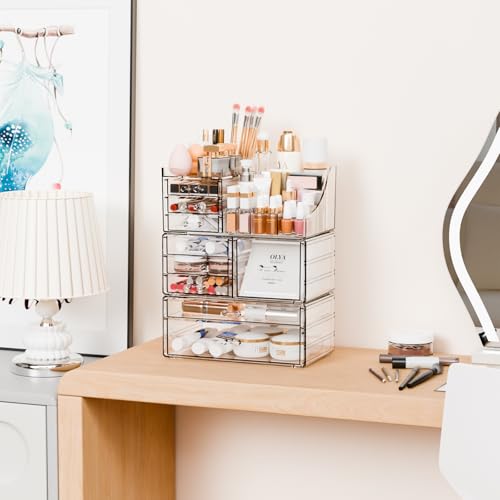 3 Pack Clear Makeup Organizer Countertop for Dresser,Vanity and Bathroom Counter Organizer,Tiered Stackable Makeup Acrylic Organizers with 9 Drawer for Skincare,Brush and Make up Holders